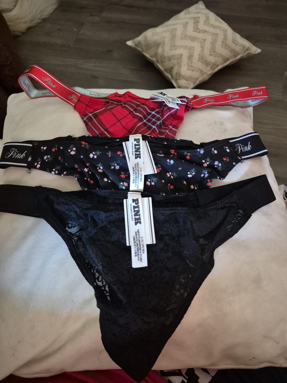 PINK Victoria's Secret Red Plaid & Black Lace Thong 3-Pack